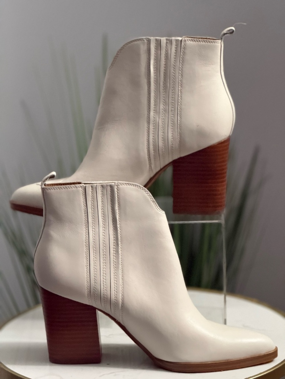 Marc Fisher Women’s Cream Leather Block Heel Ankle Boots